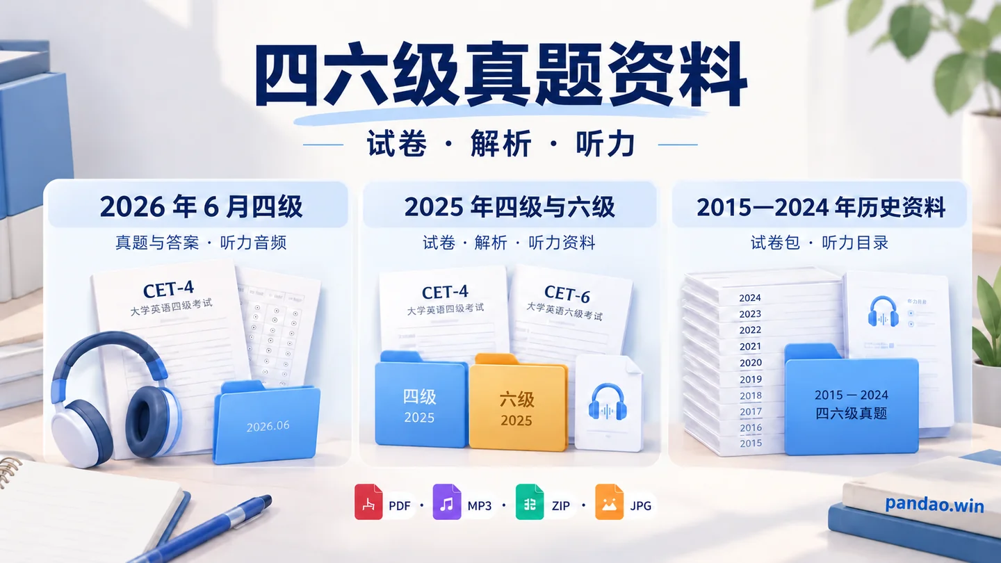 四六级真题资料概览:2026年6月四级、2025年四级与六级、2015—2024年历史资料;包含试卷、解析与听力目录。