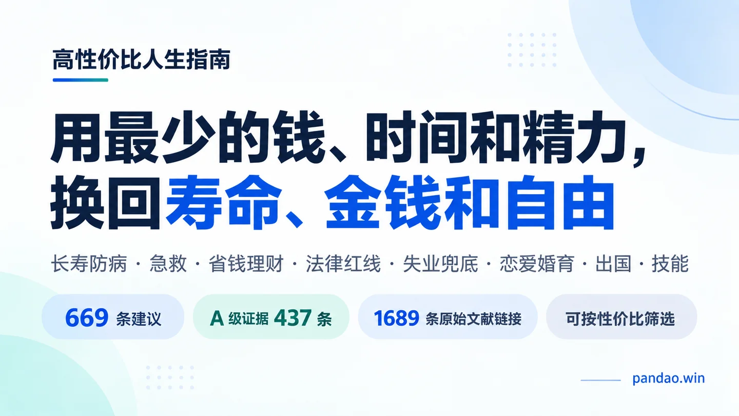 高性价比人生指南：用最少的钱、时间和精力，换回寿命、金钱和自由；包含669条建议、A级证据437条和1689条原始文献链接。